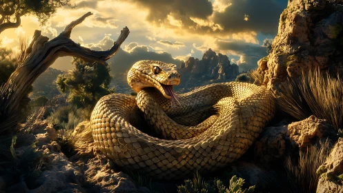 Sunlit desert serpent lounges like molten braided gold