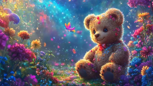 Teddy bear in luminous fantasy flower garden at dusk.