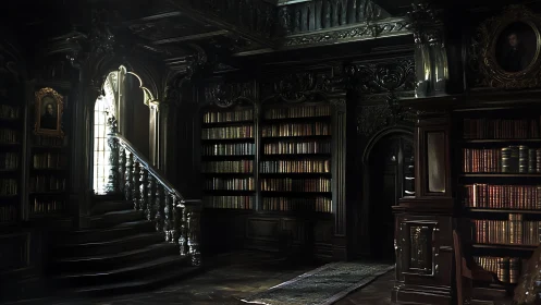 Gothic library interior with ornate staircase and bookshelves.