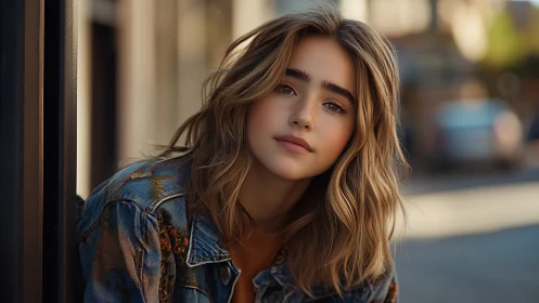Sunlit urban portrait of girl in textured denim jacket.