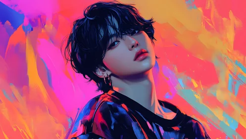 Neon-lit portrait with iridescent strokes and vivid gradient glow.