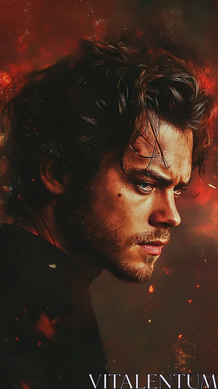 Brooding male portrait amid red embers and darkness.