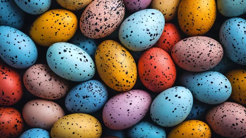 Colorful speckled eggs arranged in a tight scattered pattern.