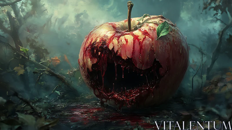 Decayed bleeding apple carved as sinister forest head.