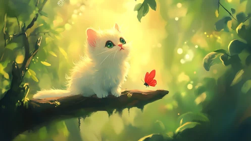 White Kitten Observing Red Butterfly in Luminous Garden.