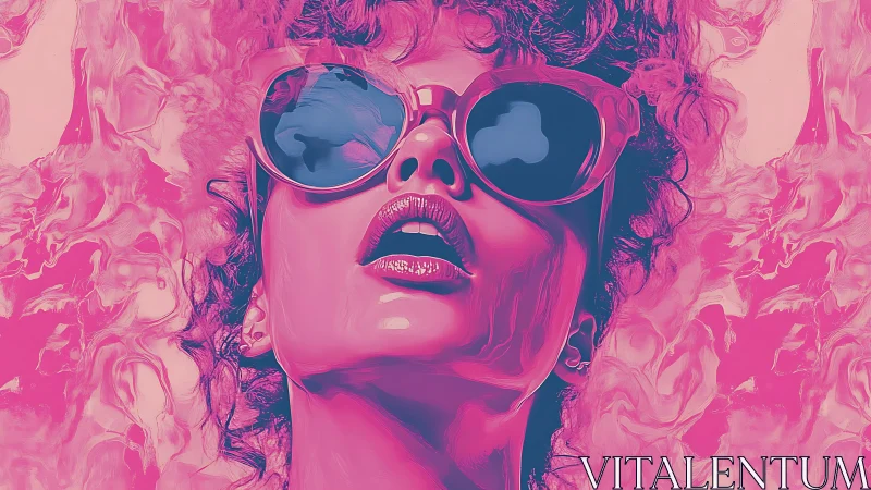 Vibrant pink portrait with glossy sunglasses and curls.