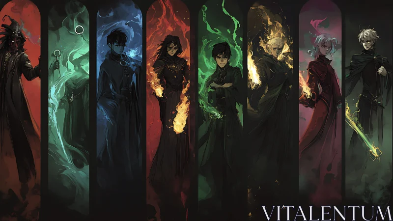 Elemental sorcerers aligned in luminous arcane columns.