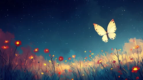 White butterfly over wildflower field under starry sky.