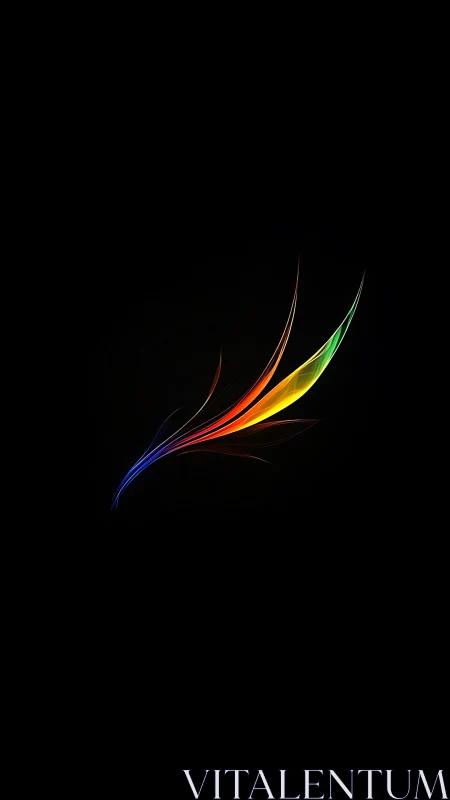 Curved rainbow light streaks on deep black digital void.