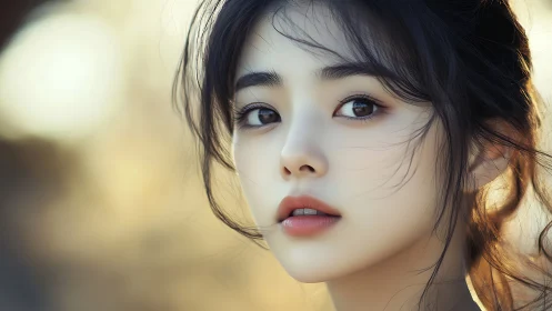 Soft sunset portrait captures serene, luminous expression.