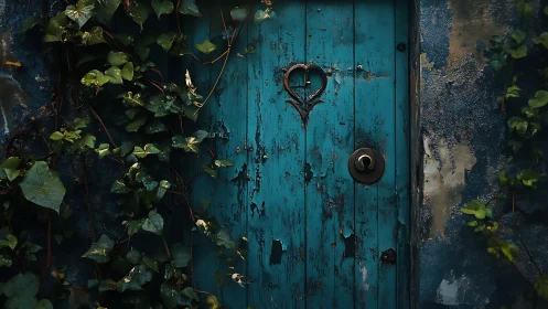 Weathered teal door with ivy and heart-shaped metal detail