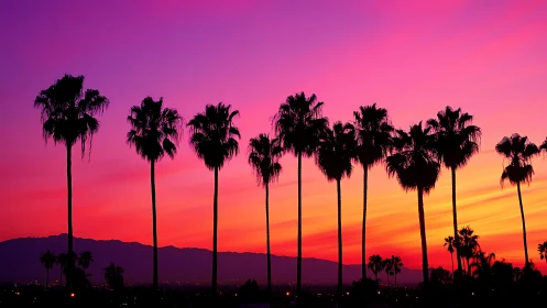 Vertically aligned palm silhouettes against high-saturation gradient sunset