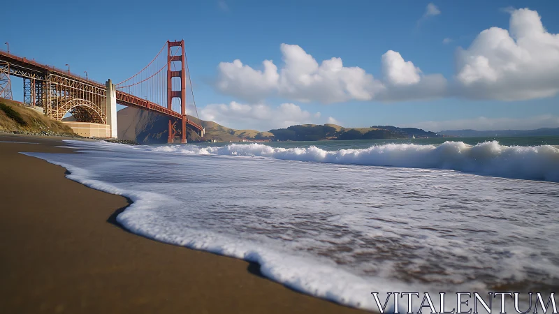 Golden Gate Bridge beside sandy shoreline and surf waves.