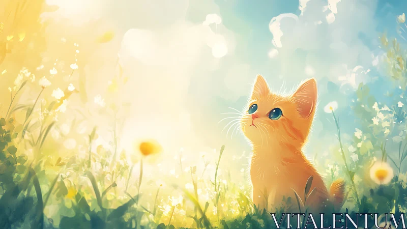 Golden kitten gazes into dreamy sunlit meadow sky.