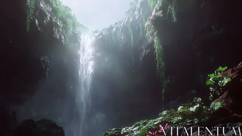 Sunlit jungle waterfall descends into misty hidden grotto