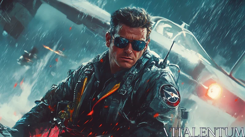 Combat pilot portrait under stormlit runway assault.