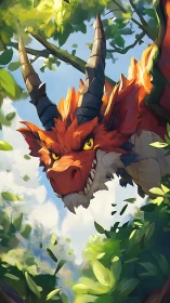 Scarlet forest dragon bursts through sunlit emerald canopy.