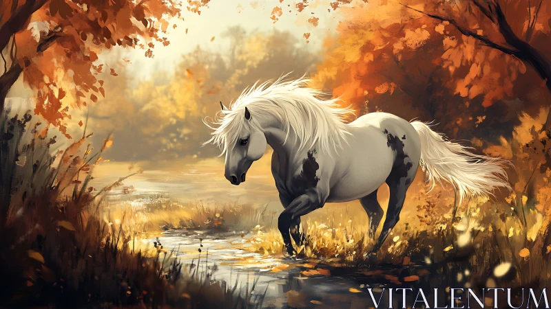 Wild ivory stallion dances through an ember bright autumn glade.