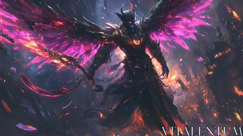 Fallen dark angel with flaming violet wings over burning city.