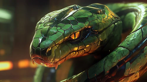 Gleaming emerald serpent rests in warm cinematic light