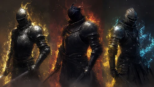 Three armored knights stand in elemental fire and smoke