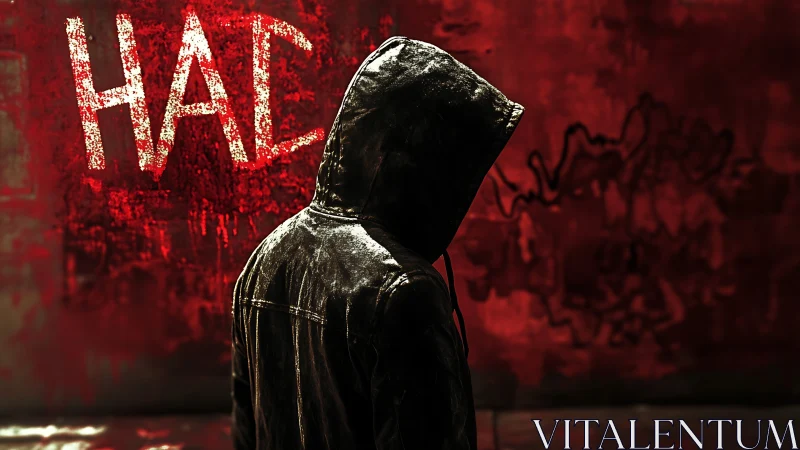 Hooded figure stands before red graffiti wall in shadows.