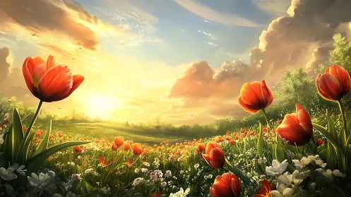 Backlit tulip meadow under dynamic volumetric sunrise clouds