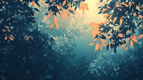 Sunlit forest canopy with glowing orange foliage