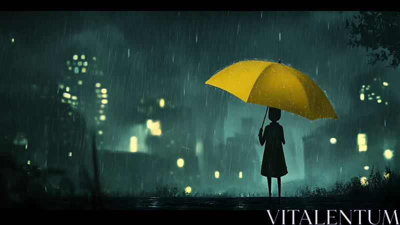 Silhouette with yellow umbrella in rainy night cityscape.