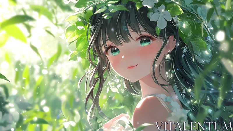 Green haired anime girl in bright forest foliage portrait.