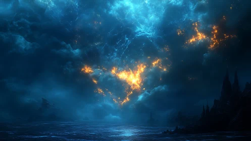 Volcanic sky illumination over dark oceanic landscape.