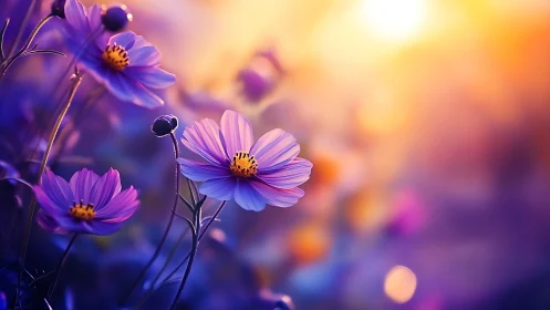 Purple Cosmos Flowers Glowing at Golden Hour.