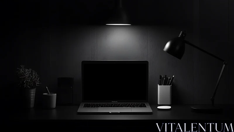 Minimalist dark desk setup with laptop and desk lamps.