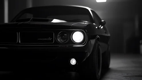 Midnight muscle car idles in moody monochrome garage light