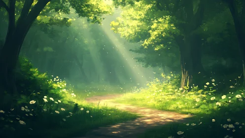 Forest Path with Sunlight Through Green Canopy.