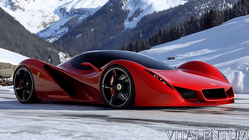 Scarlet hypercar slices through alpine silence on icy runway.