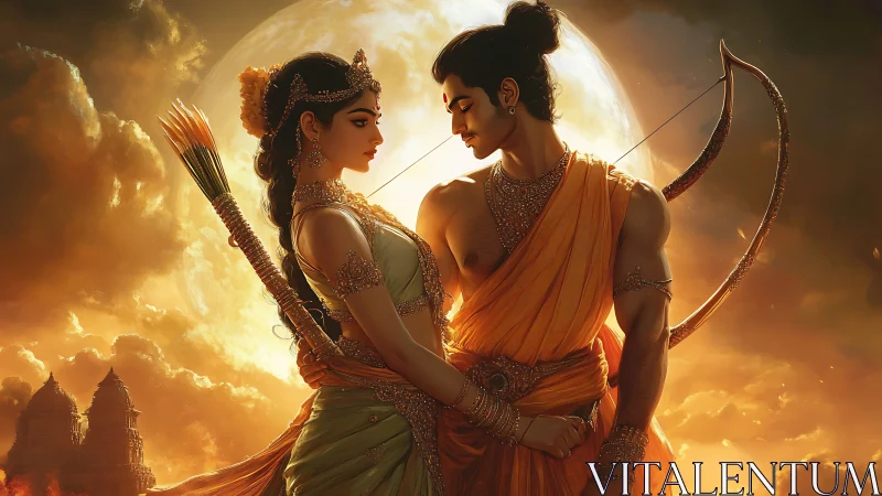 Mythic warrior couple before lunar backlight, digital painting.