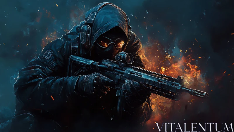 Tactical hooded sniper with carbine amid blue orange fire