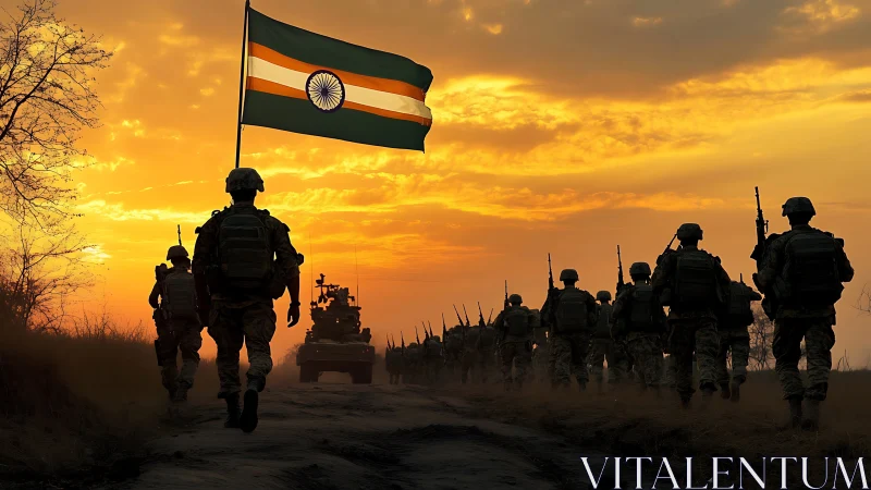 Indian soldiers march beneath a dramatic sunset sky.