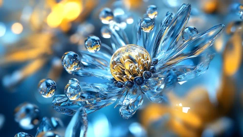 Crystal flower form with reflective droplets in cool light.