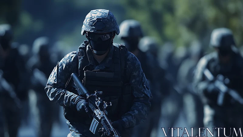 Forward tactical unit advancing through blurred woodland street.