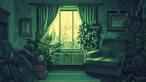 Verdant living room window with lush indoor plants at dusk.