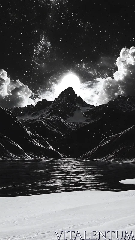 Monochrome mountain lake beneath backlit celestial body.