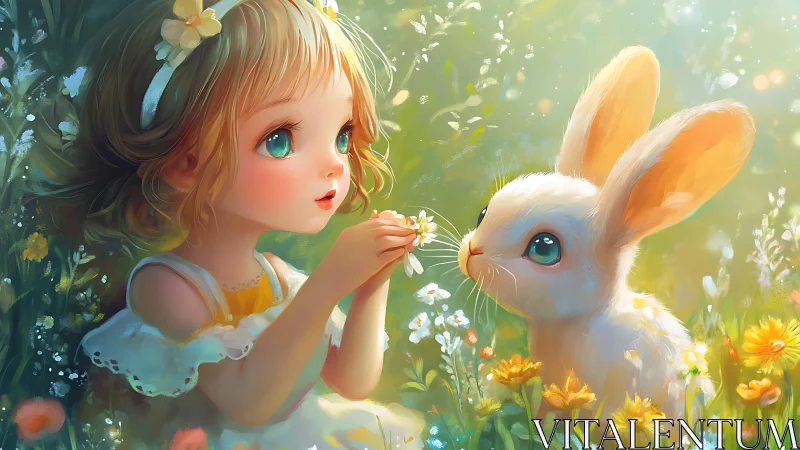 Digital painting of child and rabbit in luminous floral field.