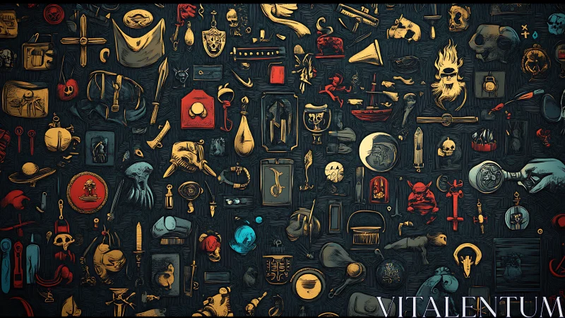 Cabinet of occult curiosities scattered across midnight walls.