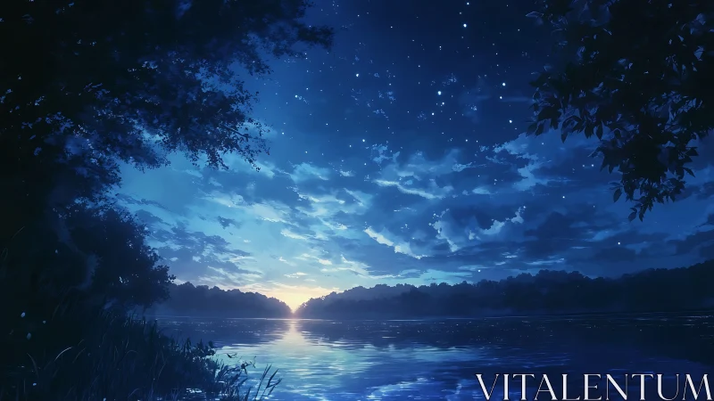 Starlit river horizon glows under deep midnight blue sky