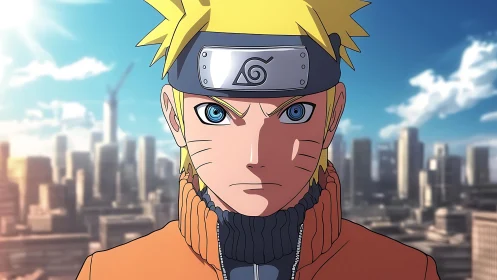 Sky-bright ninja gaze cuts through sunlit urban horizon.