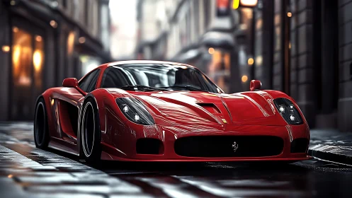 Red sports coupe on wet cobblestone street at dusk.
