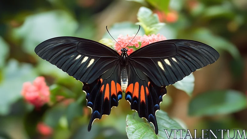 Black swallowtail butterfly spreads vivid wings on flower