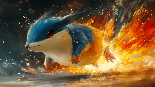 Fiery blue creature dashing through a storm of sparks.